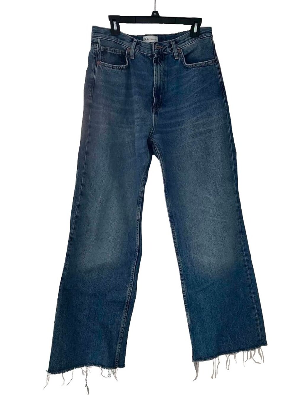 ZARA Denim Jeans Wide Leg Medium Wash Distressed Hem Size 8
